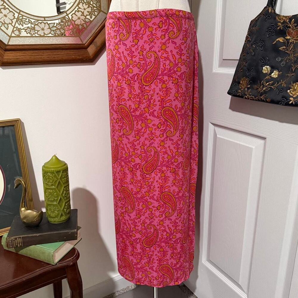 VTG 90s Madison Studio Bright Pink & Orange Paisley 100% Silk Maxi Skirt w Slit